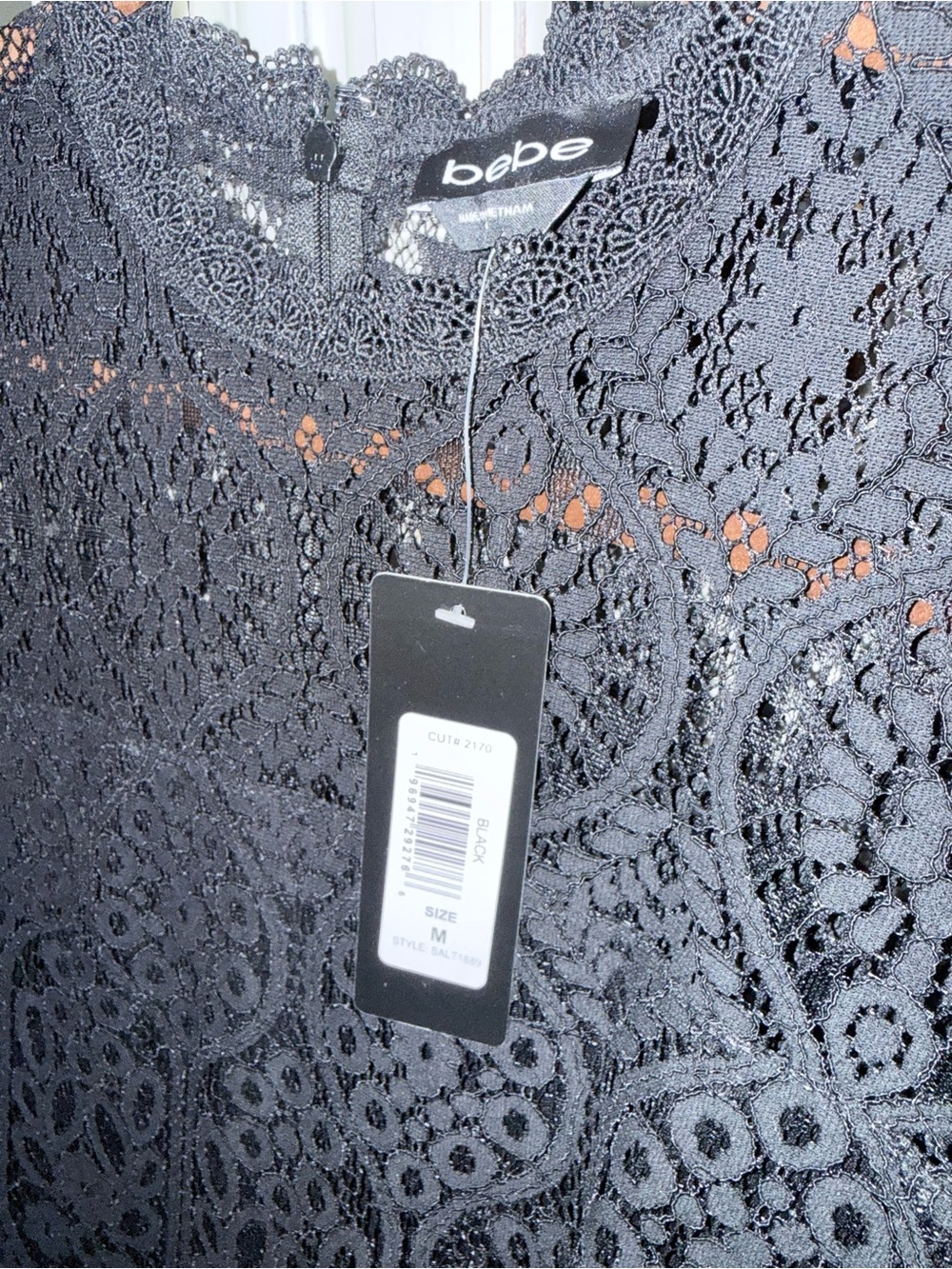 bebe Black Scallop-Edge Lace Long-Sleeve Pencil Dress - Picture 6 of 7